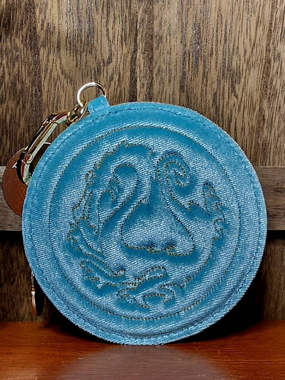 Turquoise Velvet Round Coin Purse with Embroidered Crest